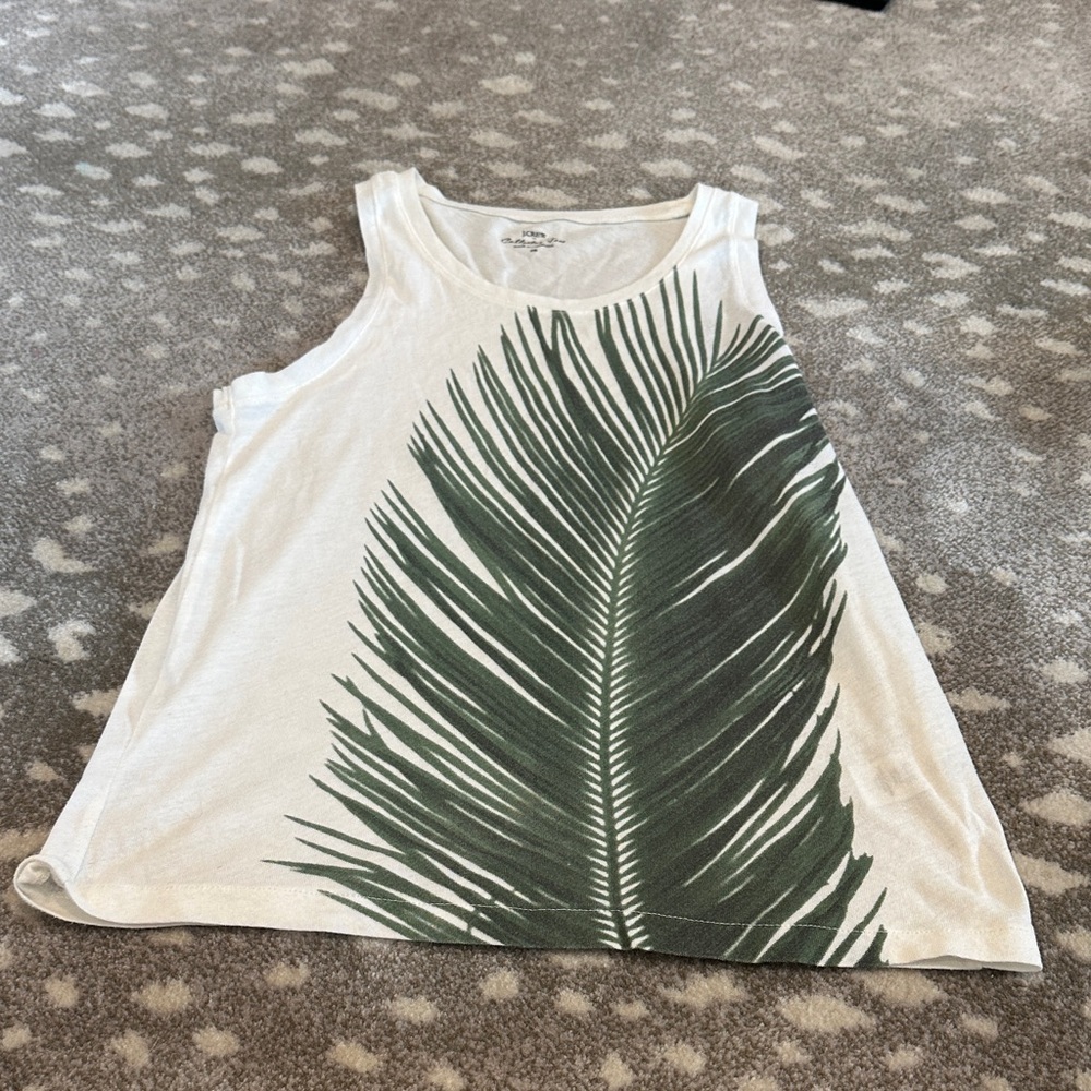J. Crew White Tank Top with Green Leaf Design